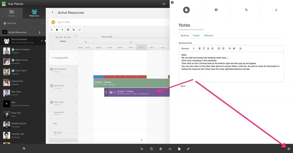Booking Notes in Hub Planner