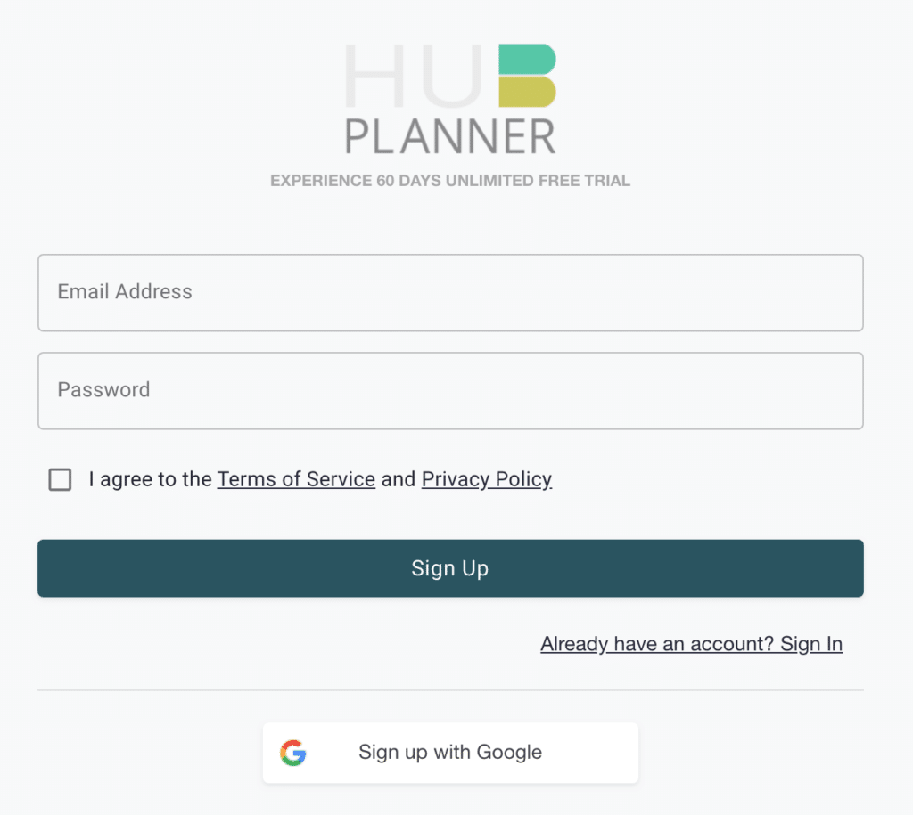 Hub Planner Login - Google Sign Up